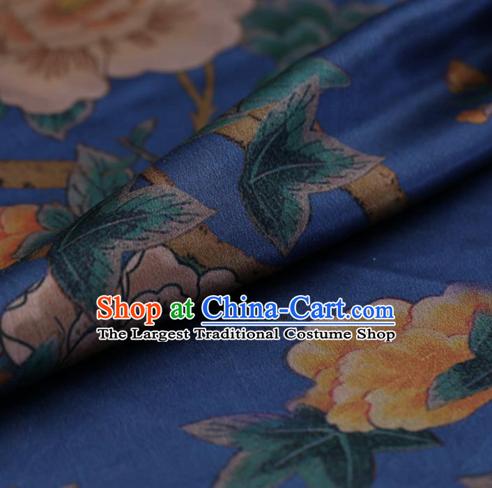 Traditional Chinese Blue Gambiered Guangdong Gauze Satin Plain Classical Peony Pattern Cheongsam Silk Drapery