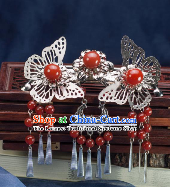 Chinese Traditional Hanfu Hair Accessories Ancient Red Agate Butterfly Hair Stick Tassel Hairpins for Women