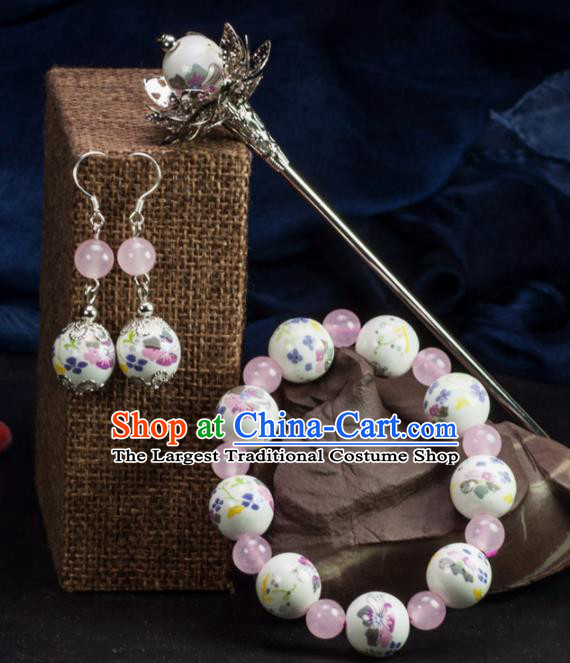 Chinese Traditional Hanfu Hair Accessories Ancient White Ceramics Hairpins and Bracelet Earrings for Women