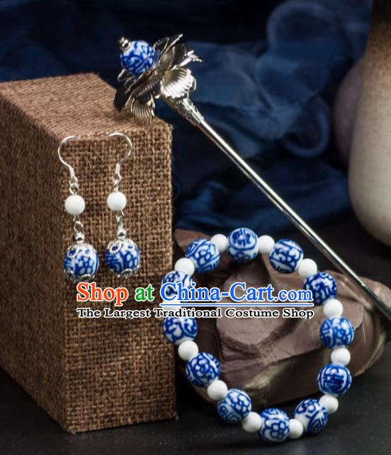 Chinese Traditional Hanfu Hair Accessories Ancient Blue Beads Ceramics Hairpins and Bracelet Earrings for Women