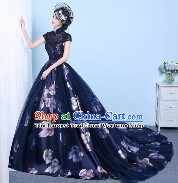 Chinese Classical Catwalks Costumes Traditional Cheongsam Wedding Navy Lace Trailing Full Dress for Women