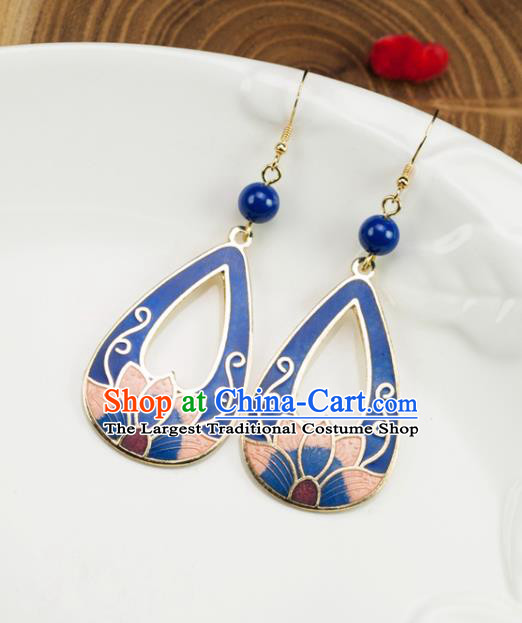 Chinese Traditional Jade Jewelry Accessories Ancient Hanfu Cloisonne Blue Lotus Earrings for Women