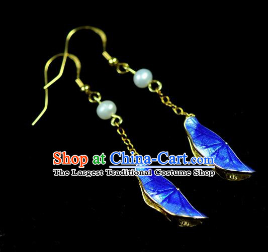 Chinese Traditional Jewelry Accessories Ancient Hanfu Blueing Lotus Leaf Earrings for Women