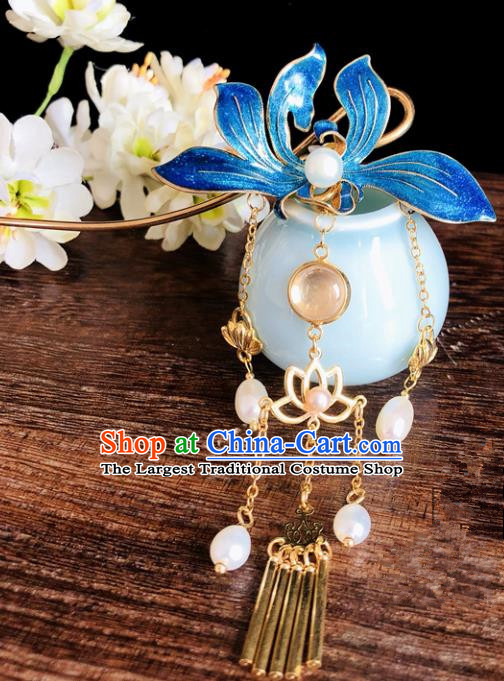 Chinese Classical Hair Accessories Traditional Ancient Hanfu Blueing Lotus Hairpins for Women