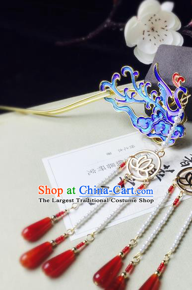 Chinese Classical Tassel Hairpins Hair Accessories Traditional Ancient Hanfu Blueing Phoenix Hair Clip for Women