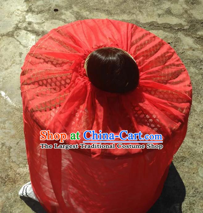 Chinese Traditional Handmade Craft Straw Hat Red Veil Bamboo Hat