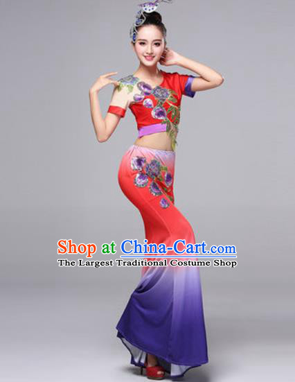 Chinese Traditional Dai Ethnic Costumes Minority Nationality Folk Dance Pavane Red Dress for Women