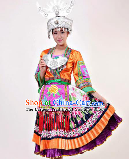 Chinese Traditional Miao Ethnic Costumes Hmong Minority Folk Dance Orange Dress for Women