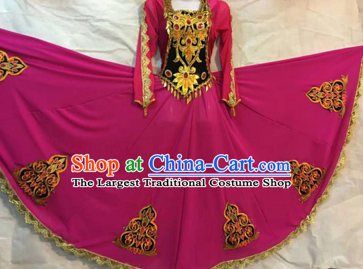 Chinese Traditional Xinjiang Uigurian Ethnic Rosy Costumes Uyghur Minority Folk Dance Dress for Women