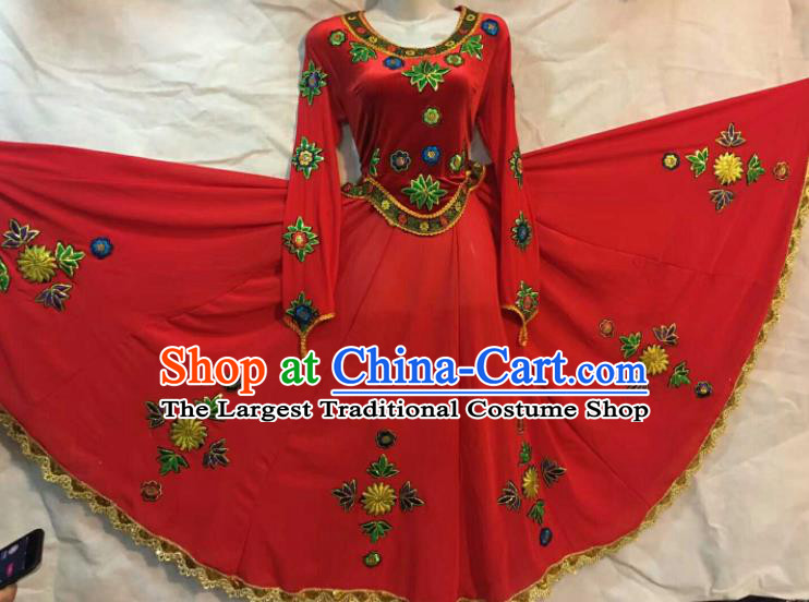 Chinese Traditional Xinjiang Uigurian Ethnic Red Costumes Uyghur Minority Folk Dance Dress for Women