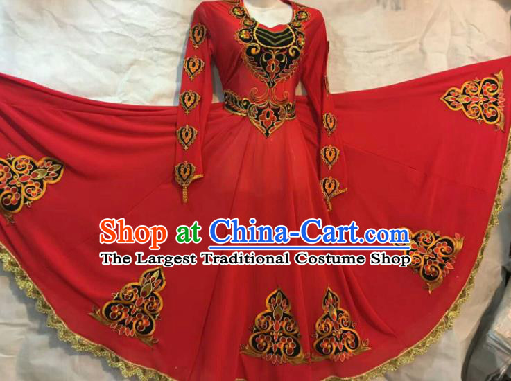 Chinese Traditional Uigurian Nationality Ethnic Costumes Xinjiang Uyghur Minority Folk Dance Red Dress for Women