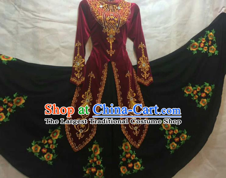 Chinese Traditional Uigurian Nationality Ethnic Costumes Xinjiang Uyghur Minority Folk Dance Wine Red Dress for Women