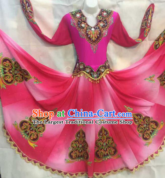 Chinese Traditional Uigurian Nationality Ethnic Costumes Xinjiang Uyghur Folk Dance Rosy Dress for Women
