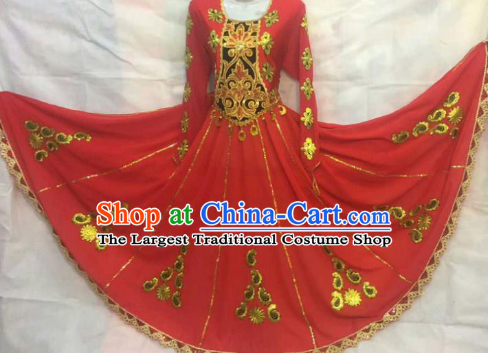 Chinese Traditional Uigurian Nationality Ethnic Costumes Xinjiang Uyghur Folk Dance Red Dress for Women