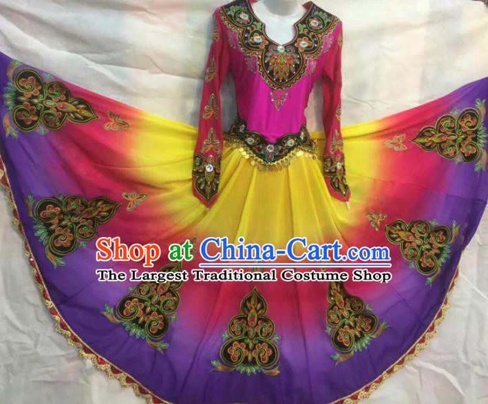 Chinese Traditional Uigurian Nationality Ethnic Costumes Xinjiang Uyghur Folk Dance Purple Dress for Women