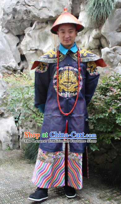Chinese Traditional Ancient Qing Dynasty Manchu Royal Highness Embroidered Costumes and Hat for Men