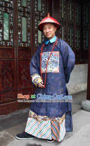 Chinese Traditional Ancient Qing Dynasty Manchu Civil Official Embroidered Costumes and Hat for Men