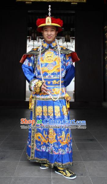 Chinese Traditional Ancient Qing Dynasty Manchu Emperor Embroidered Costumes and Hat for Men