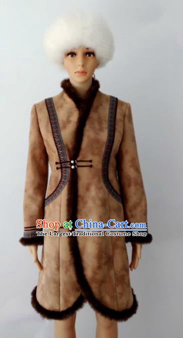 Chinese Traditional Ethnic Costumes Mongolian Minority Nationality Brown Robe for Women
