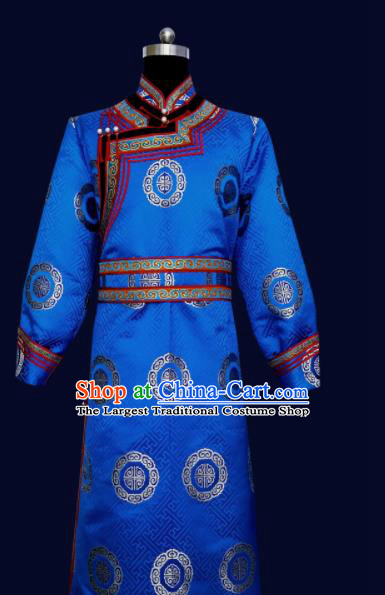 Chinese Traditional Mongol Minority Nationality Costume Blue Mongolian Robe for Men