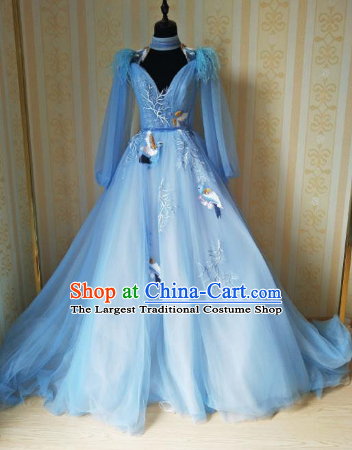 Top Grade Modern Dance Embroidered Blue Full Dress Stage Performance Costume for Women