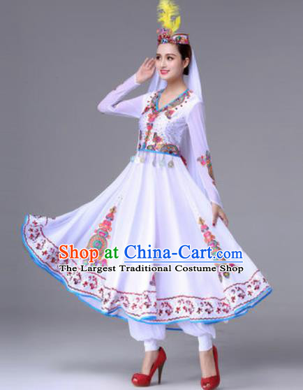 Chinese Traditional Ethnic Costumes Uyghur Minority Nationality White Dress for Women