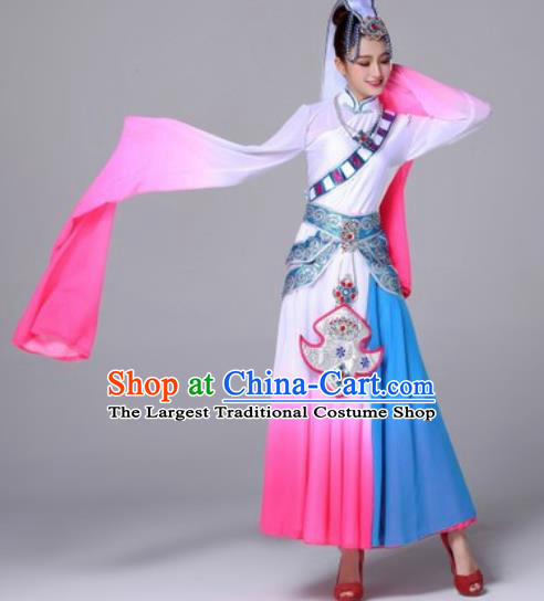 Chinese Traditional Ethnic Costumes Tibetan Minority Nationality Folk Dance Pink Dress for Women