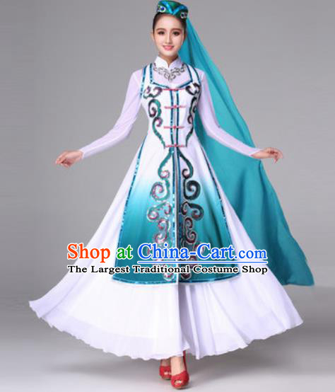 Chinese Traditional Ethnic Costumes Hui Minority Nationality Folk Dance Green Dress for Women
