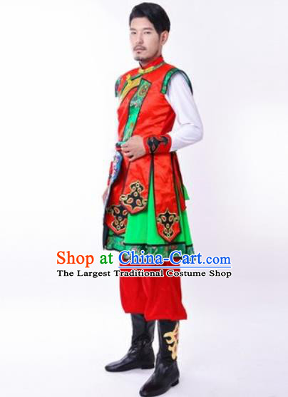 Chinese Traditional Folk Dance Red Costumes Mongolian Minority Dance Clothing for Men