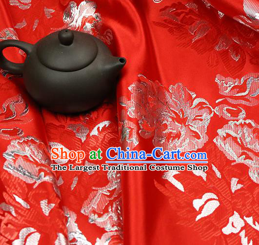 Red Brocade Chinese Traditional Silk Fabric Material Classical Peony Pattern Design Satin Drapery