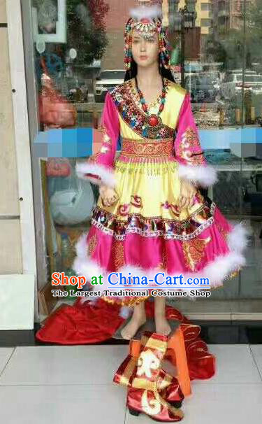 Chinese Traditional Zang Nationality Costumes Tibetan Folk Dance Ethnic Rosy Dress for Kids