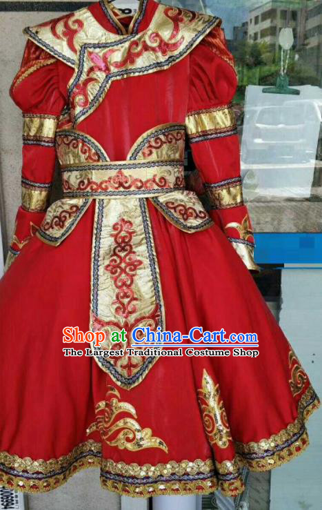 Chinese Traditional Mongol Nationality Costumes Mongolian Folk Dance Ethnic Red Dress for Kids