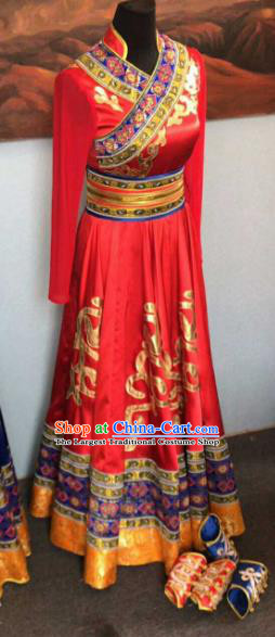 Chinese Traditional Mongol Nationality Ethnic Costumes Mongolian Folk Dance Red Dress for Women