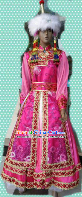 Chinese Traditional Mongol Nationality Pink Costumes Mongolian Folk Dance Ethnic Dress for Women