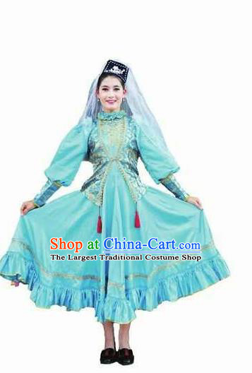 Chinese Traditional Tajik Nationality Wedding Costumes Folk Dance Blue Ethnic Dress for Women