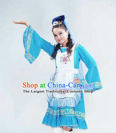 Chinese Traditional Tatar Nationality Wedding Costumes Folk Dance Blue Ethnic Dress for Women