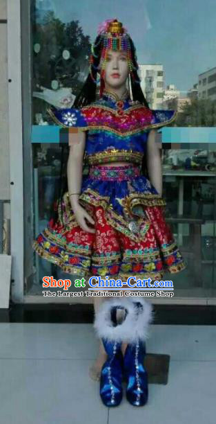 Chinese Traditional Zang Nationality Ethnic Costumes Tibetan Folk Dance Dress for Kids
