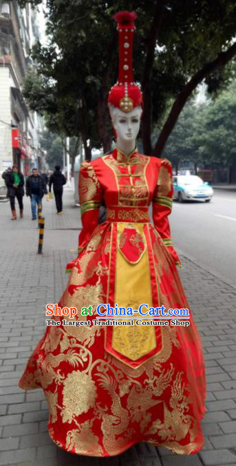 Chinese Traditional Mongol Nationality Costumes Mongolian Folk Dance Red Dress and Hat for Women