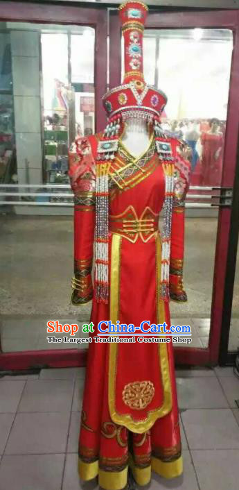 Chinese Traditional Mongol Nationality Costumes Mongolian Dance Red Dress and Hat for Women