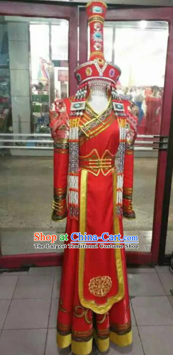 Chinese Traditional Mongol Nationality Costumes Mongolian Dance Red Dress and Hat for Women