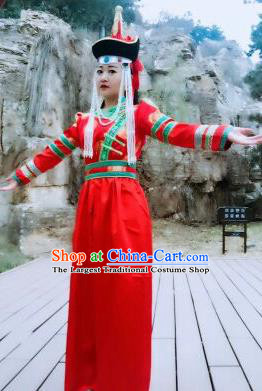 Chinese Traditional Mongol Nationality Costumes Mongolian Ethnic Folk Dance Red Dress and Hat for Women