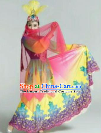 Chinese Traditional Uyghur Nationality Costumes Uyghurian Ethnic Folk Dance Dress and Hat for Women