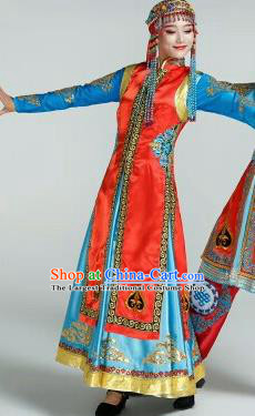 Chinese Traditional Mongol Nationality Costumes Mongolian Ethnic Folk Dance Dress and Hat for Women