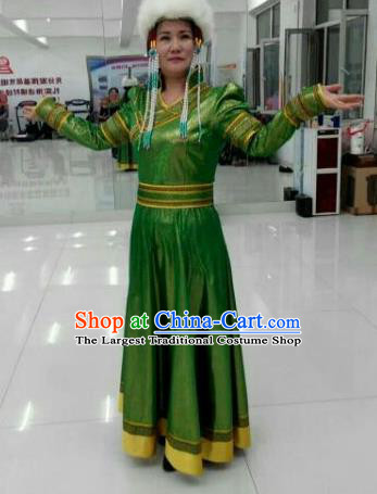 Chinese Traditional Mongol Nationality Costumes Mongolian Ethnic Folk Dance Green Dress and Hat for Women