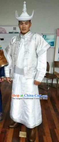 Chinese Traditional Mongol Nationality Costumes Mongolian Ethnic White Clothing and Hat for Men