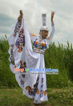 Chinese Traditional Mongol Nationality Costumes Mongolian Ethnic Folk Dance White Dress and Hat for Women