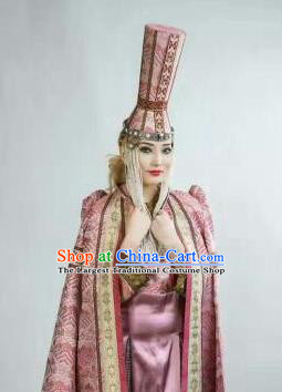Chinese Traditional Mongol Nationality Headwear Mongolian Dance Ethnic Pink Hat for Women