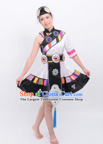 Chinese Traditional Zang Nationality Wedding Costumes Ethnic Folk Dance Dress and Headwear for Women