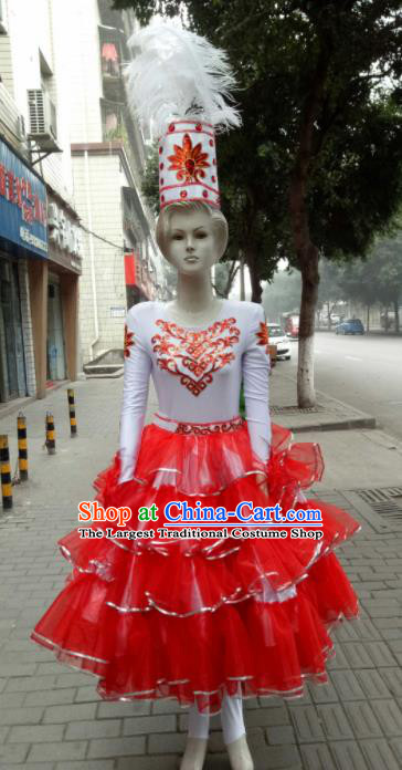 Chinese Traditional Kazakhs Nationality Costumes Ethnic Folk Dance Red Dress for Women