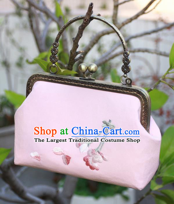 Chinese Traditional Handmade Embroidered Peach Blossom Pink Bags Retro Handbag for Women